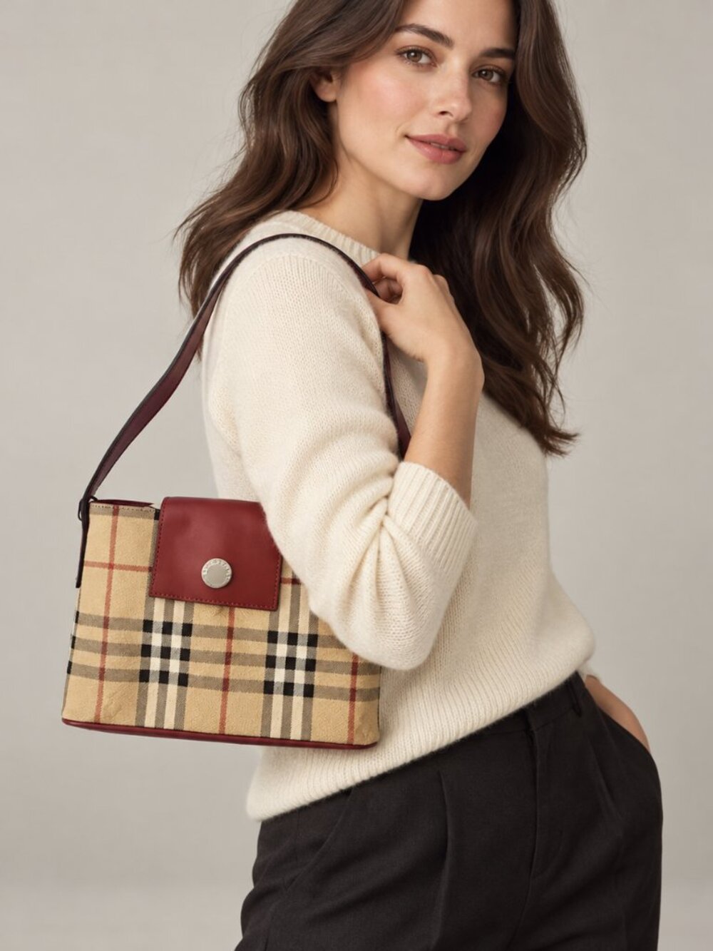 Burberry Beige Check Crossbody with Red Leather Flap
